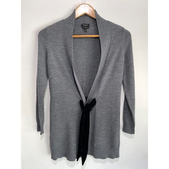 Talbots pure merino wool sweater cardigan open front gray back bow women Sp - Picture 1 of 6